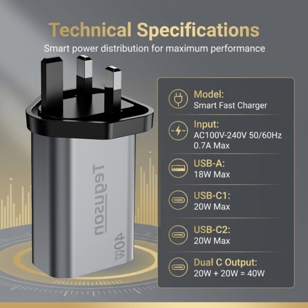 40W GaN 3-Port USB Wall Charger (UK Plug)