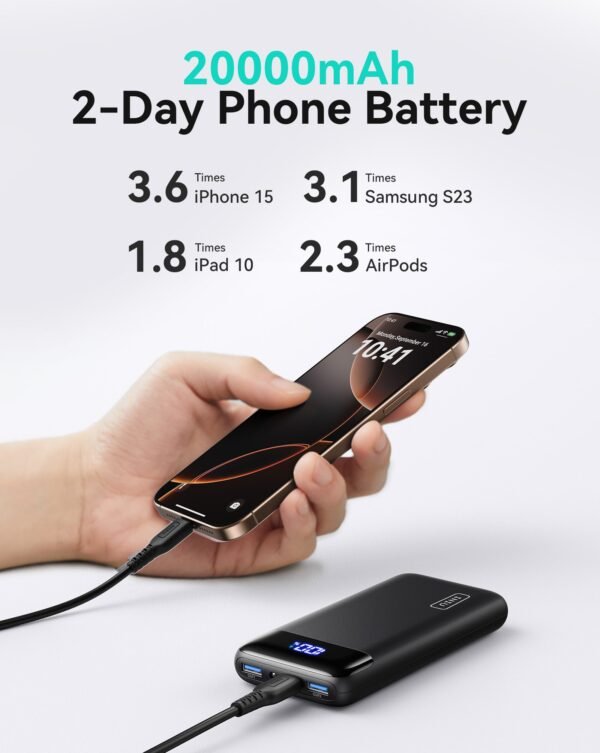 22.5W Fast Charging 20,000mAh Power Bank with LED Display USB-C Portable Charger – Black
