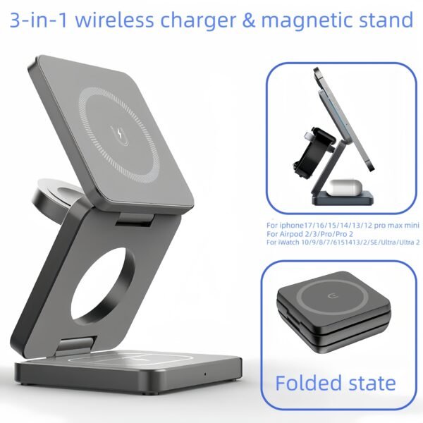 3-in-1 Foldable Magnetic Charging Station for iPhone, Apple Watch & AirPods